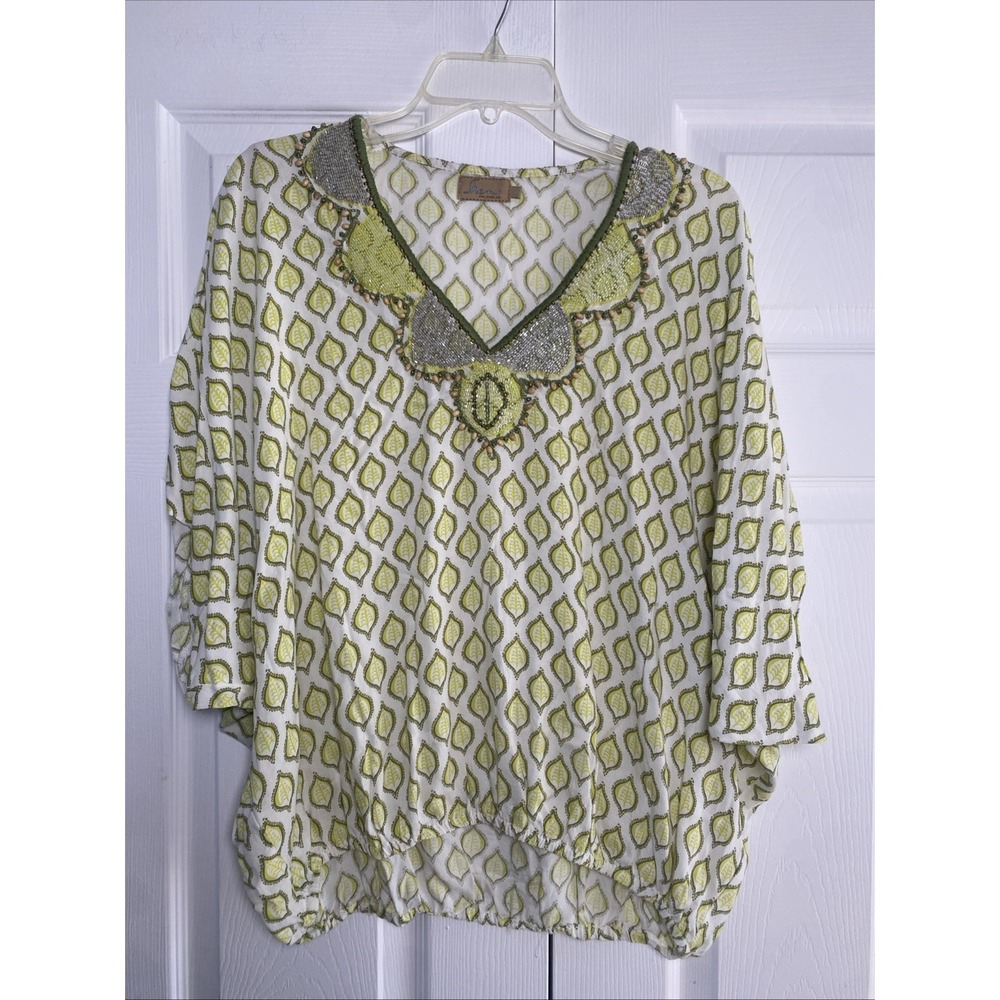 Skemo Beaded V-Neck Dolman Blouse Womens Size S Green Leaf Print Boho‎ Top